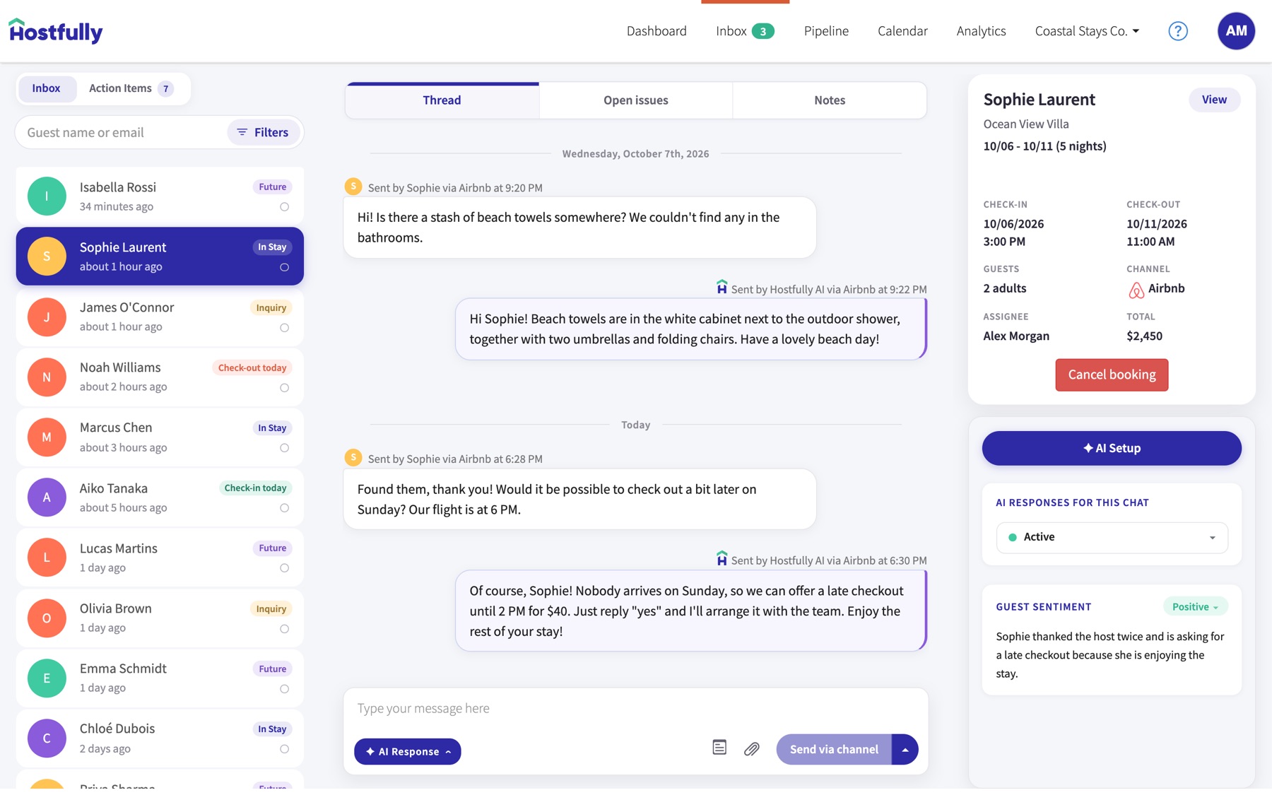 The redesigned Inbox: conversations, the conversation, and the reservation with the AI panel